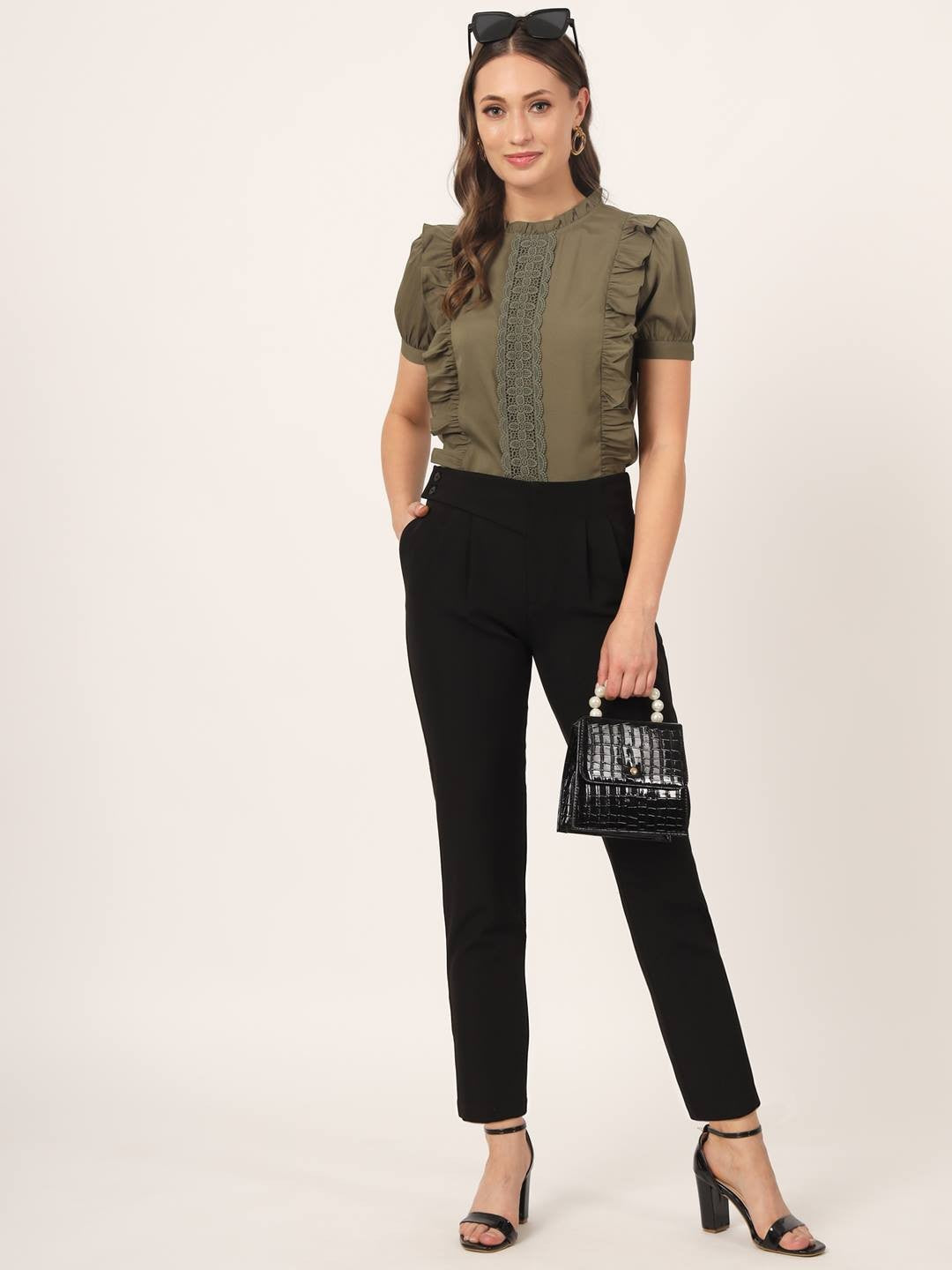 Beatnik Pleated Ankle Length Solid Womens Black Trousers