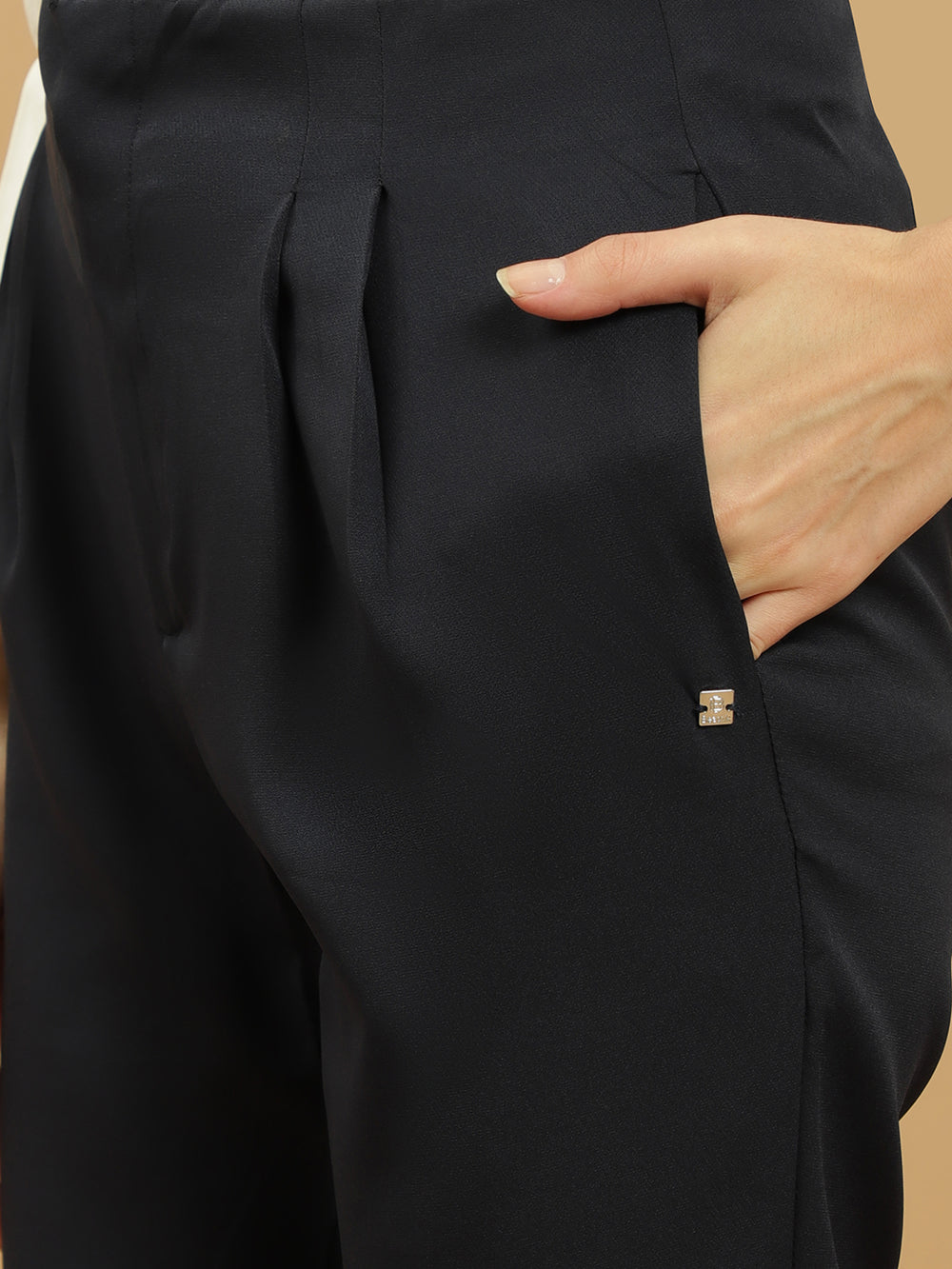 Beatnik Pleated Ankle Length Solid Womens Navy Blue Trousers