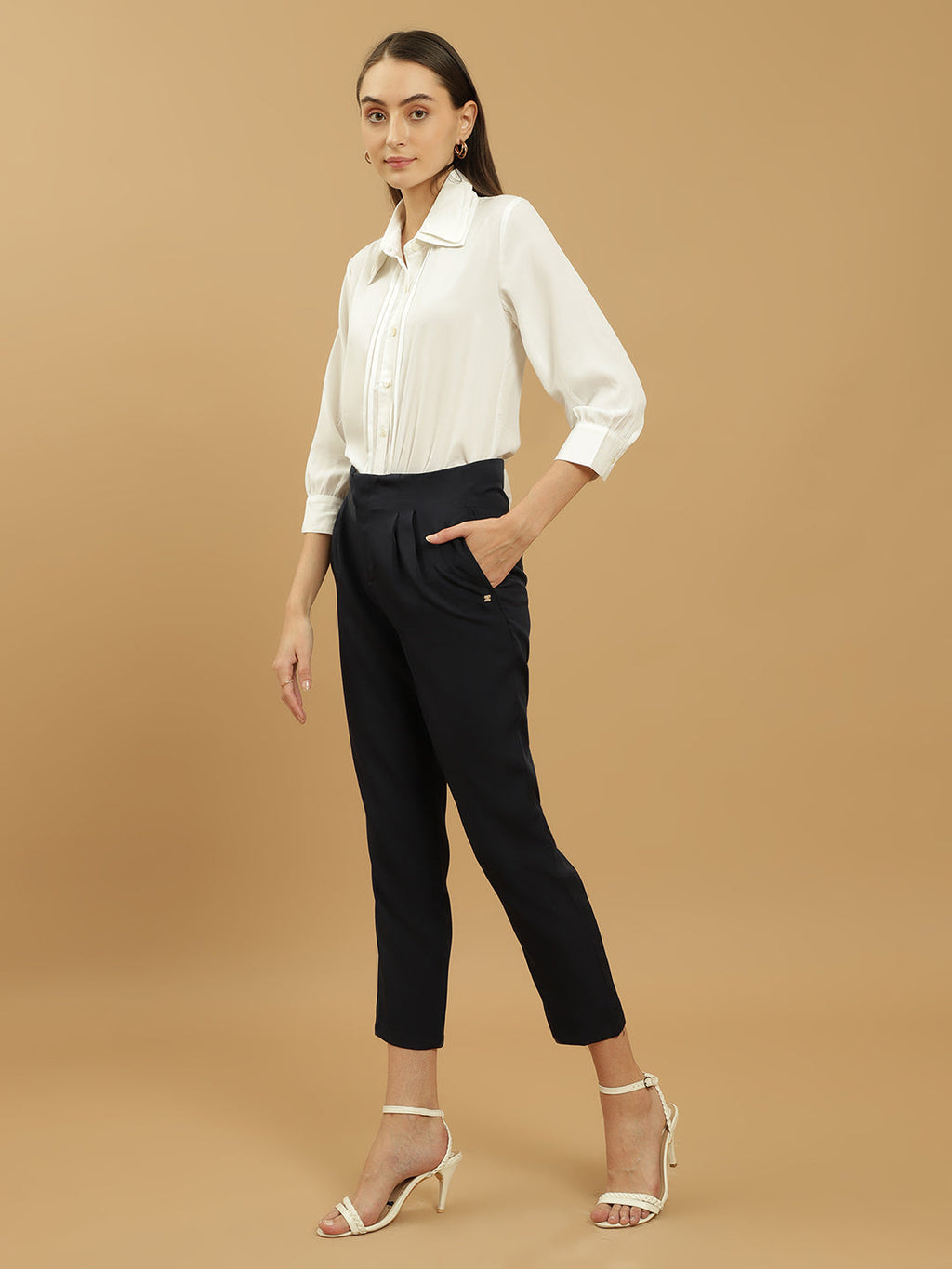 Beatnik Pleated Ankle Length Solid Womens Trousers Beatnik India