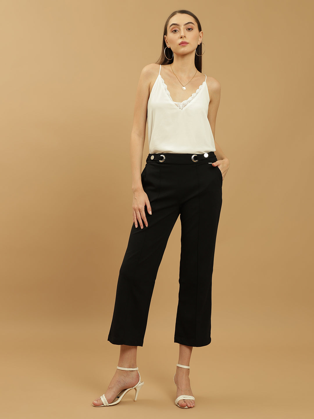 Beatnik Wide Leg Ankle Length Solid Womens Trousers Beatnik India