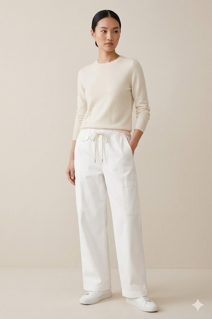 Beatnik Women White Denim High-Rise Loose Fit Casual Full Length Cargo Trousers
