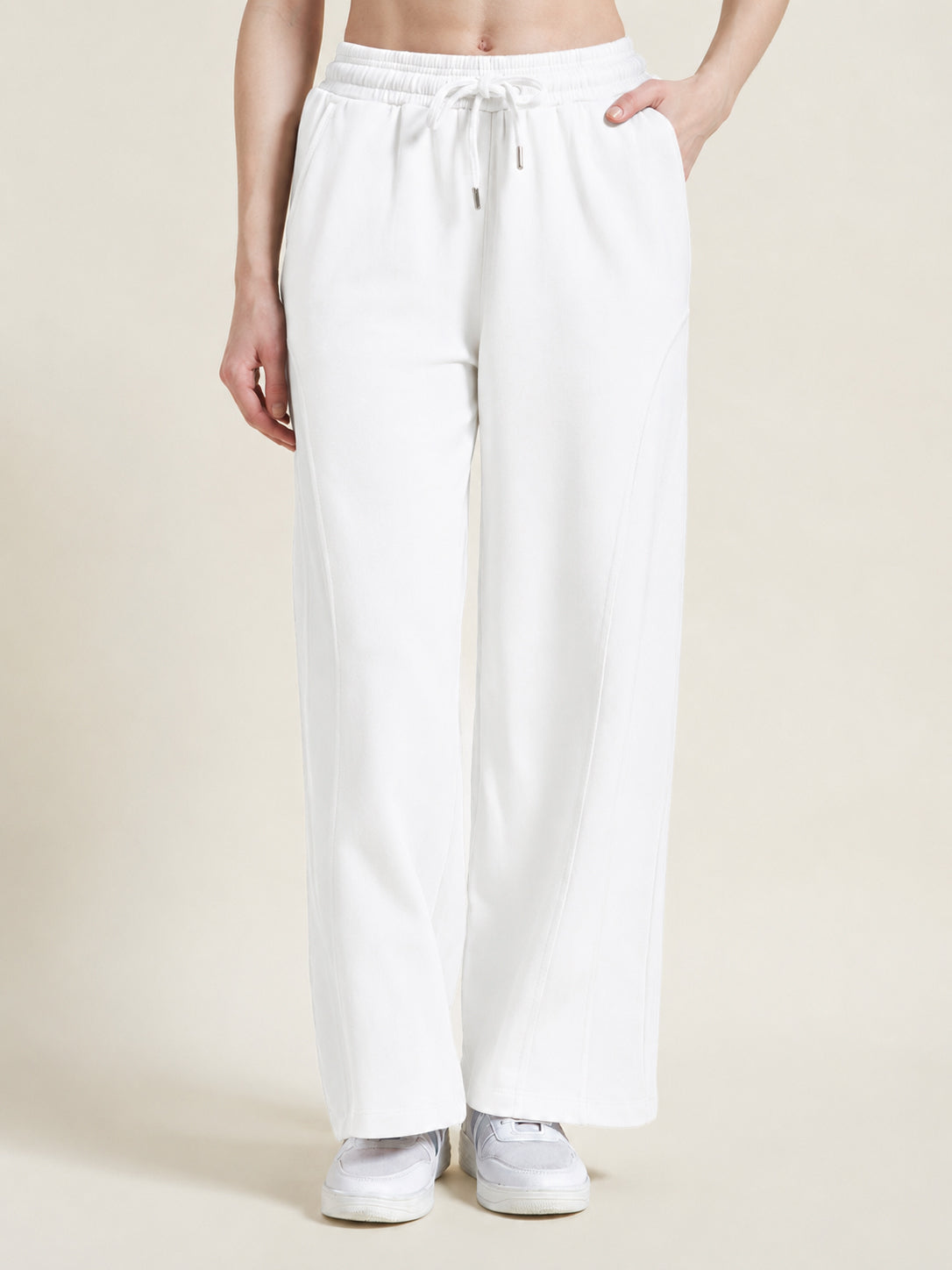 Beatnik Women Off White Flared French Terry High-Rise Straight Fit Casual Trousers Pants