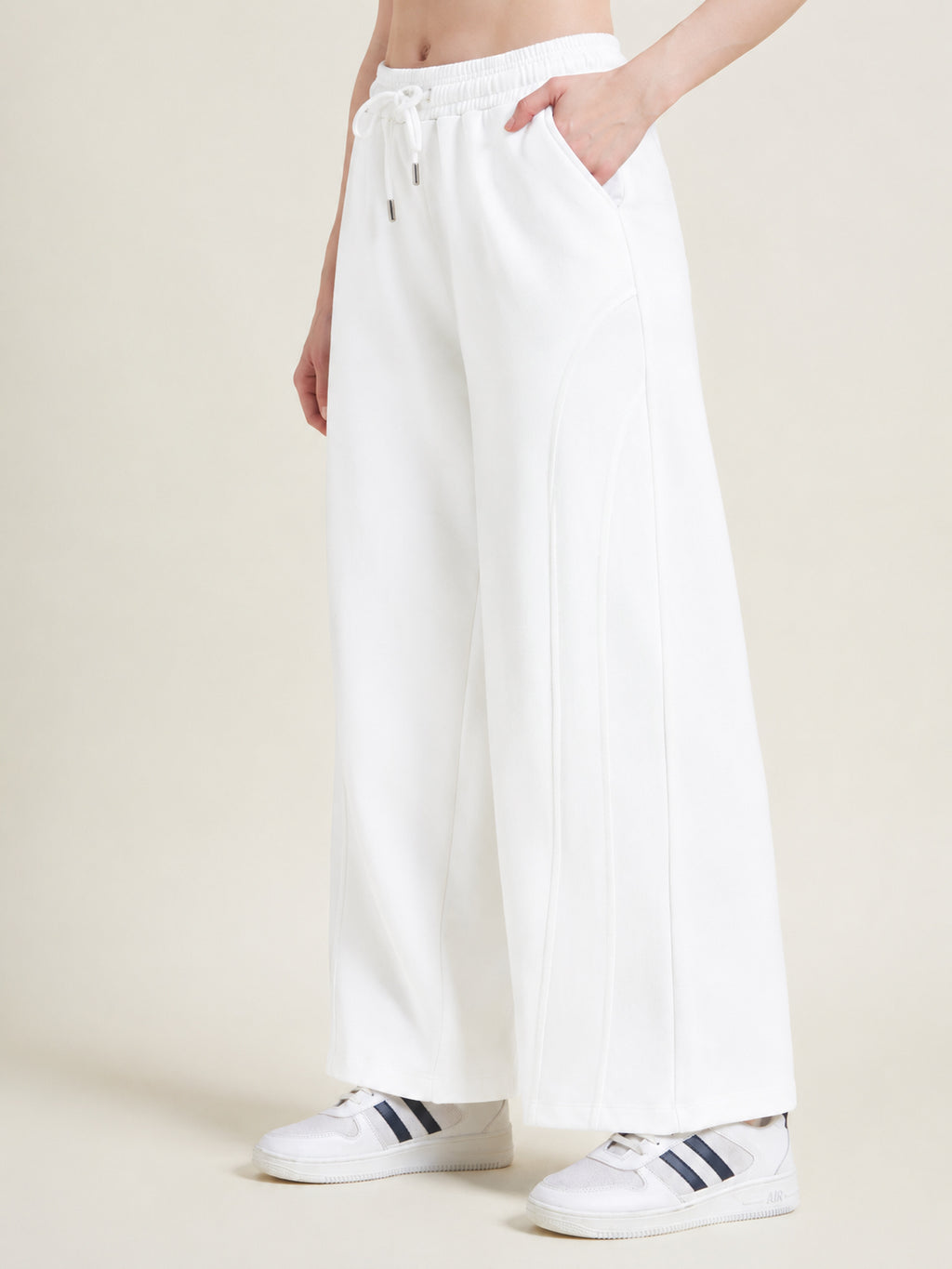 Beatnik Women Off White Flared French Terry High-Rise Straight Fit Casual Trousers Pants