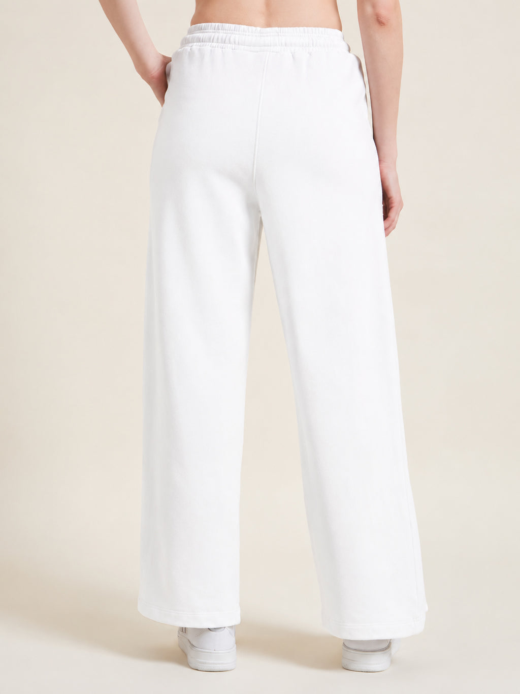 Beatnik Women Off White Flared French Terry High-Rise Straight Fit Casual Trousers Pants