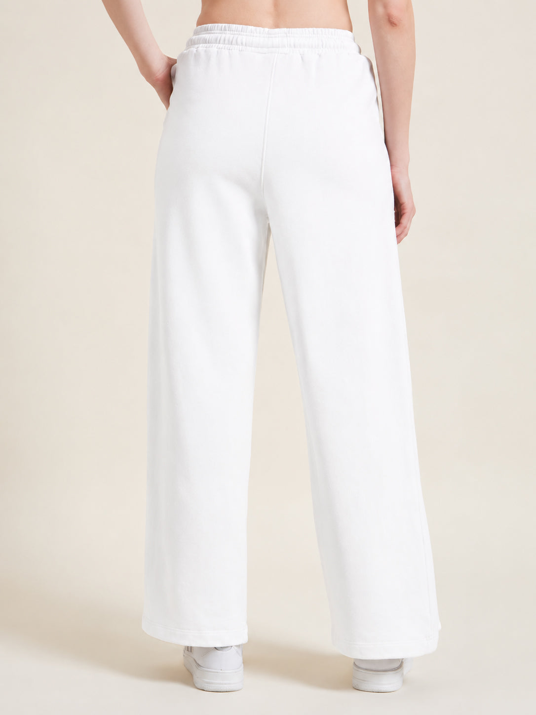 Beatnik Women Off White Flared French Terry High-Rise Straight Fit Casual Trousers Pants