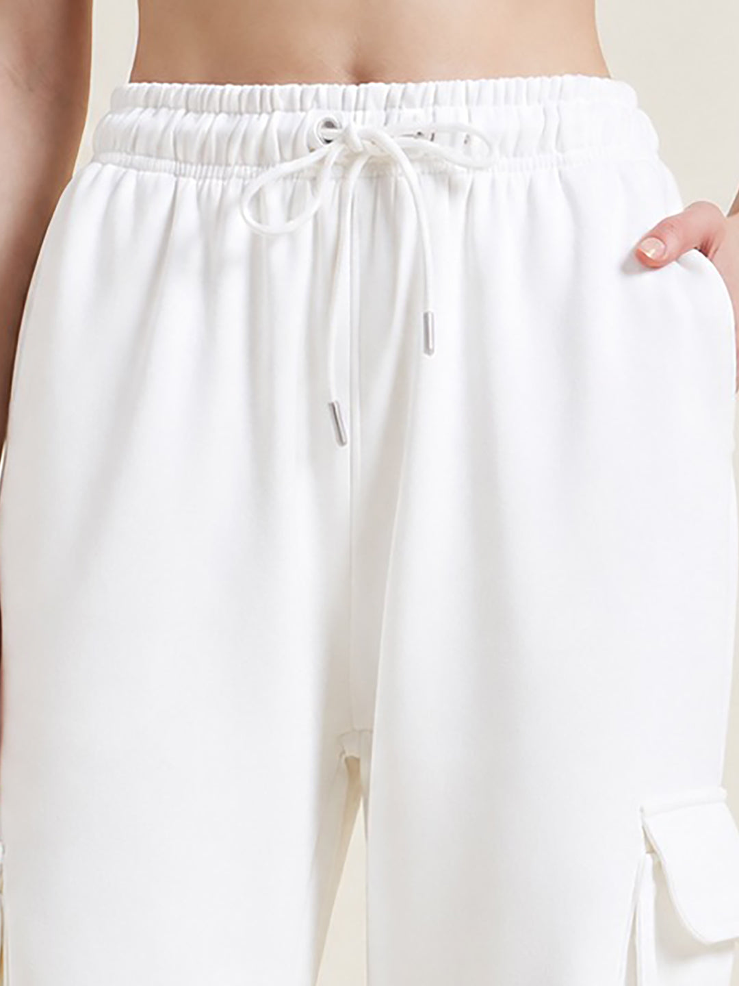 Beatnik Women Off White French Terry High-Rise Jogger Fit Casual Cargo Trousers