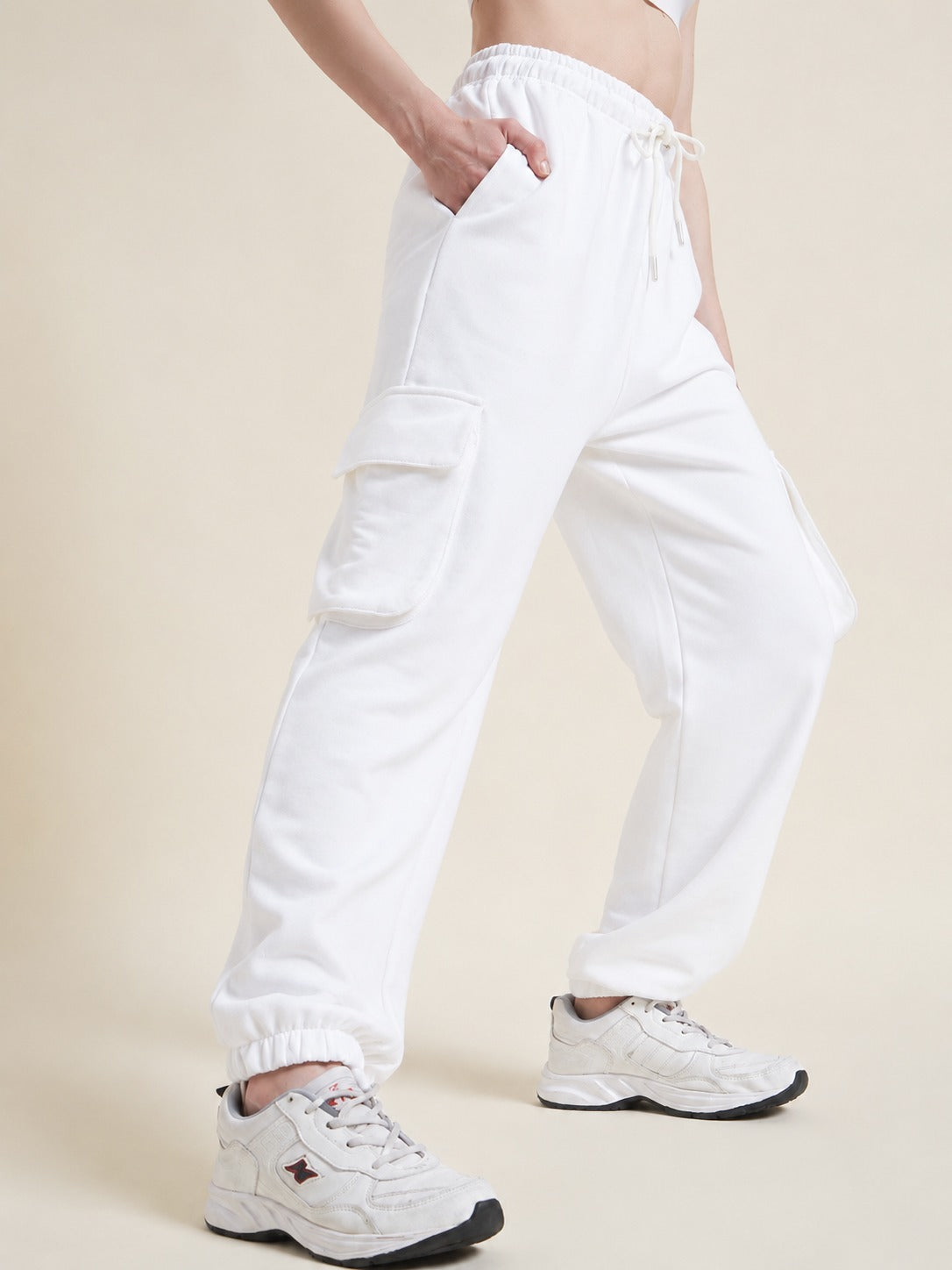 Beatnik Women Off White French Terry High-Rise Jogger Fit Casual Cargo Trousers
