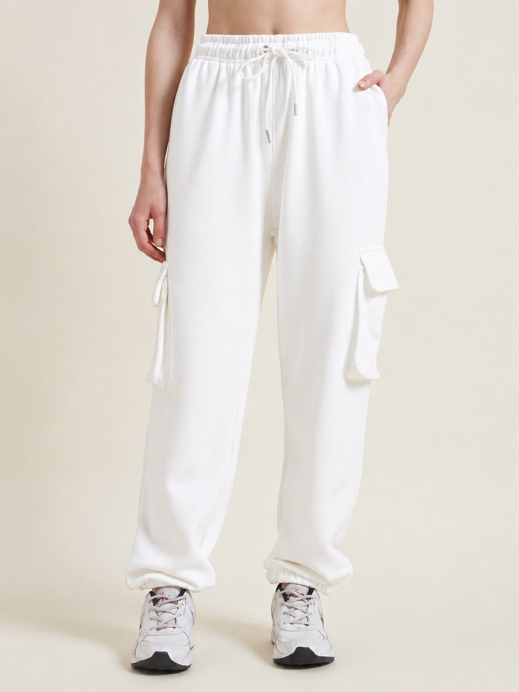 Beatnik Women Off White French Terry High-Rise Jogger Fit Casual Cargo Trousers
