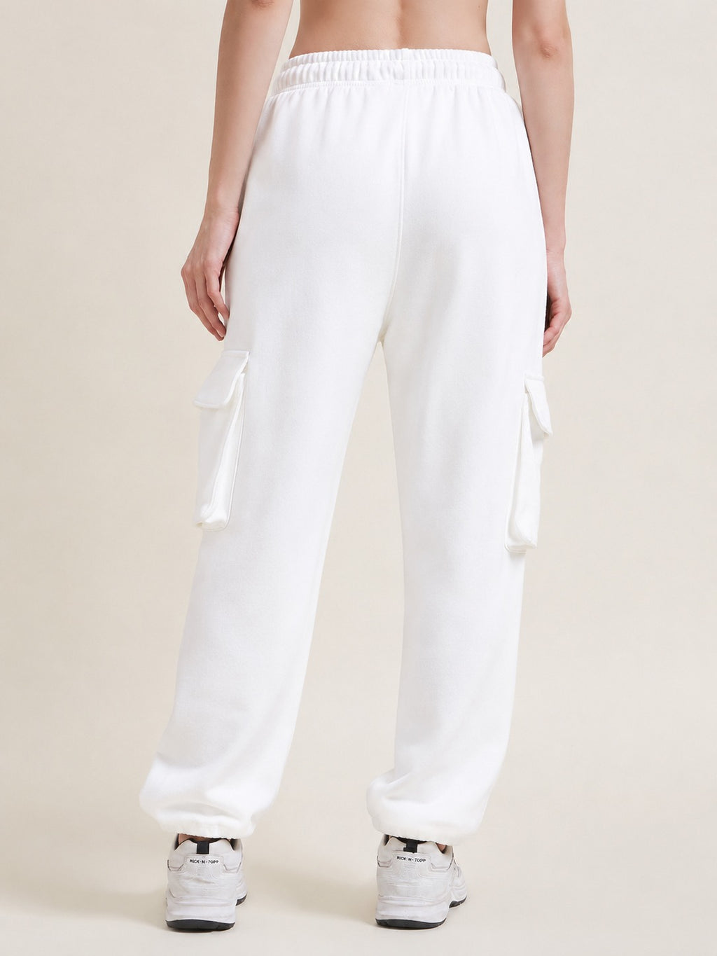 Beatnik Women Off White French Terry High-Rise Jogger Fit Casual Cargo Trousers