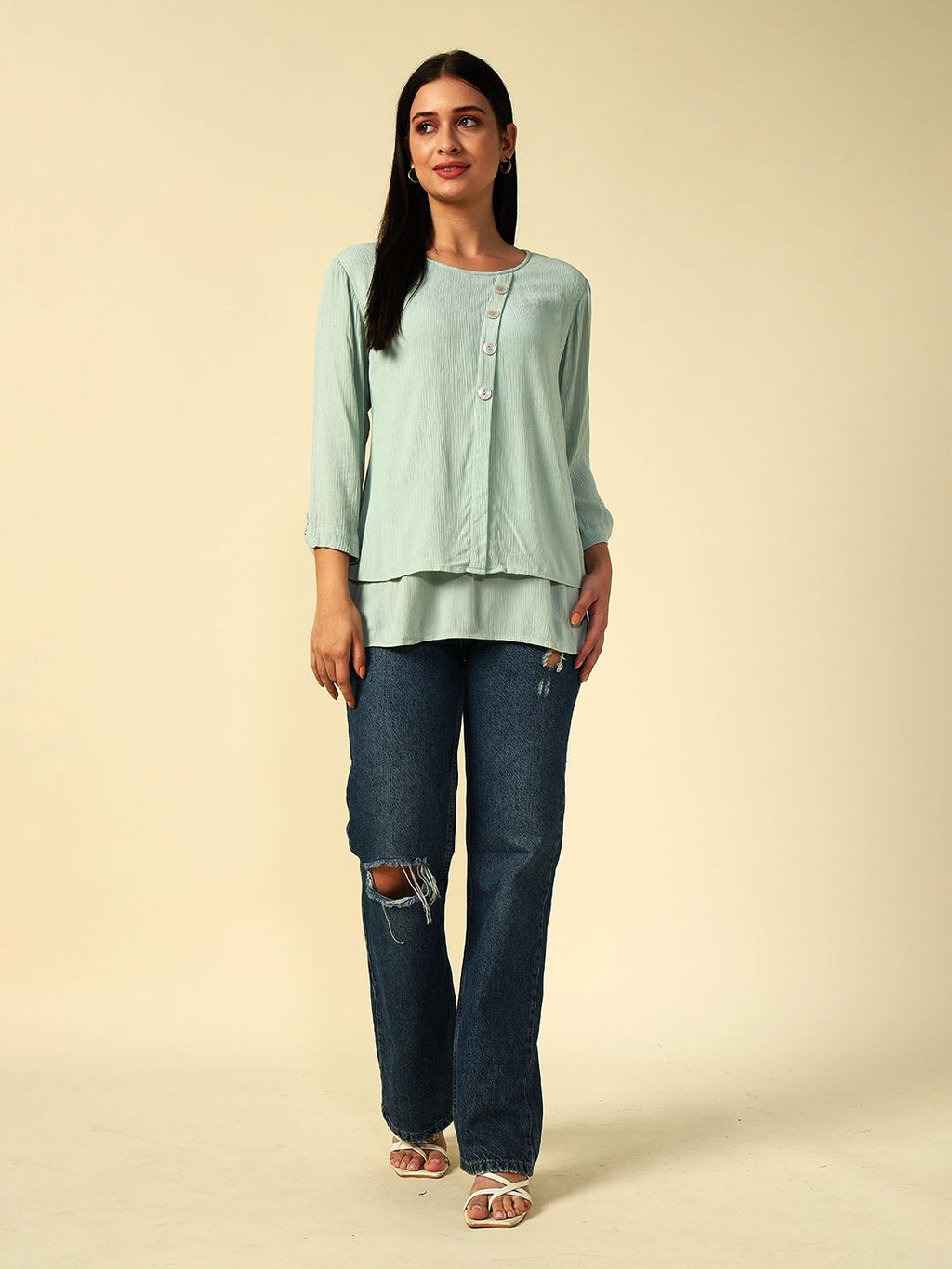 Light Sea Green A-line  Round neck Tunic Beatnik