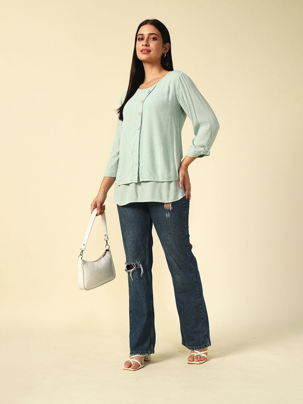 Light Sea Green A-line  Round neck Tunic Beatnik