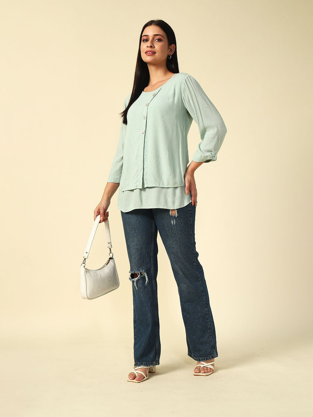 Light Sea Green A-line  Round neck Tunic Beatnik