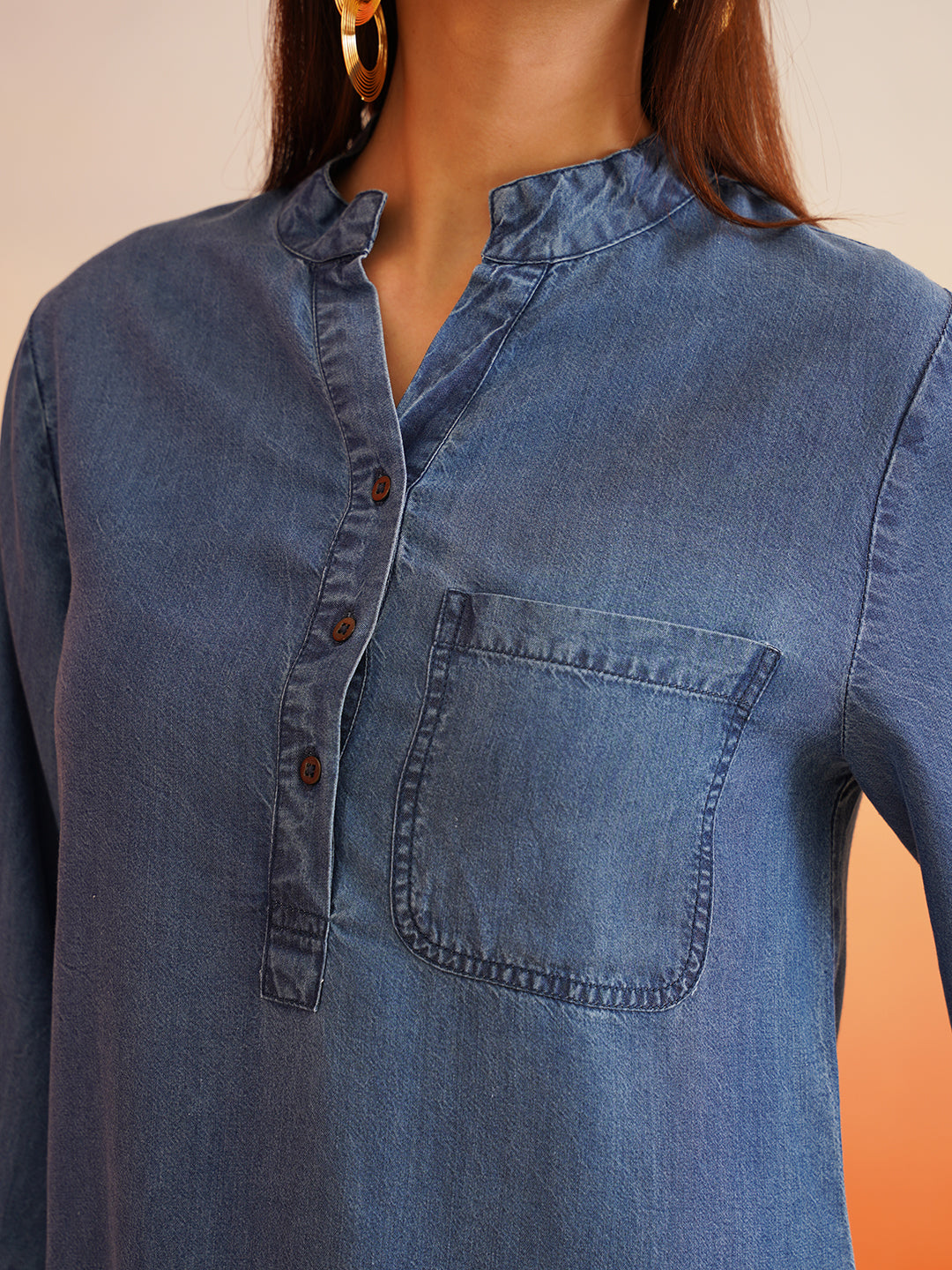 Beatnik Mandarian Collar Denim Tunic Top Beatnik
