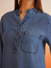 Beatnik Mandarian Collar Denim Tunic Top Beatnik