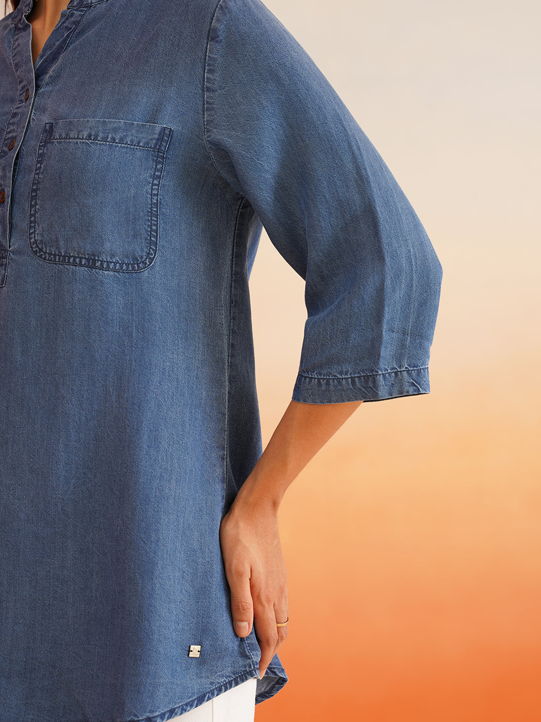 Beatnik Mandarian Collar Denim Tunic Top Beatnik