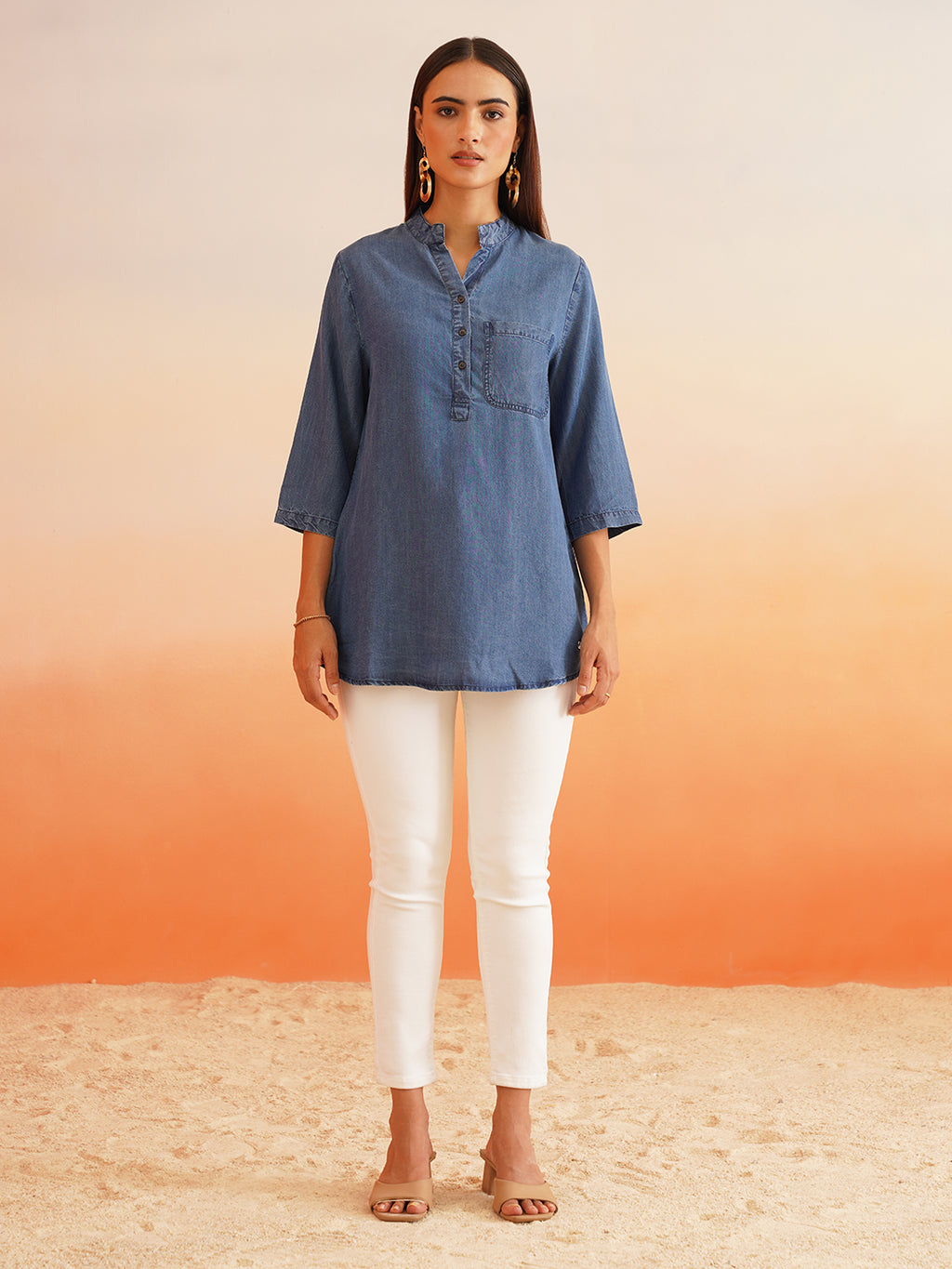 Beatnik Mandarian Collar Denim Tunic Top Beatnik