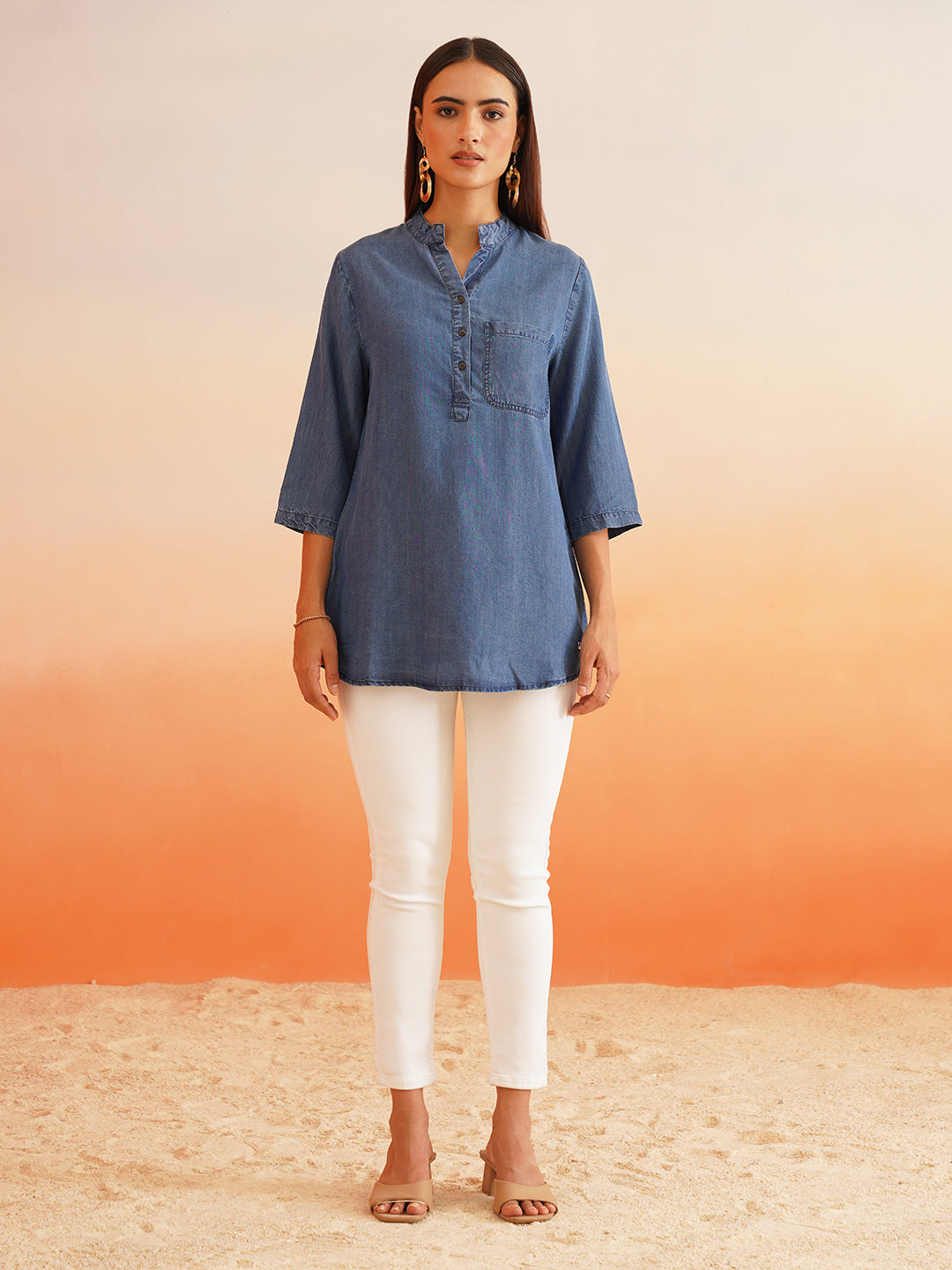Beatnik Mandarian Collar Denim Tunic Top Beatnik