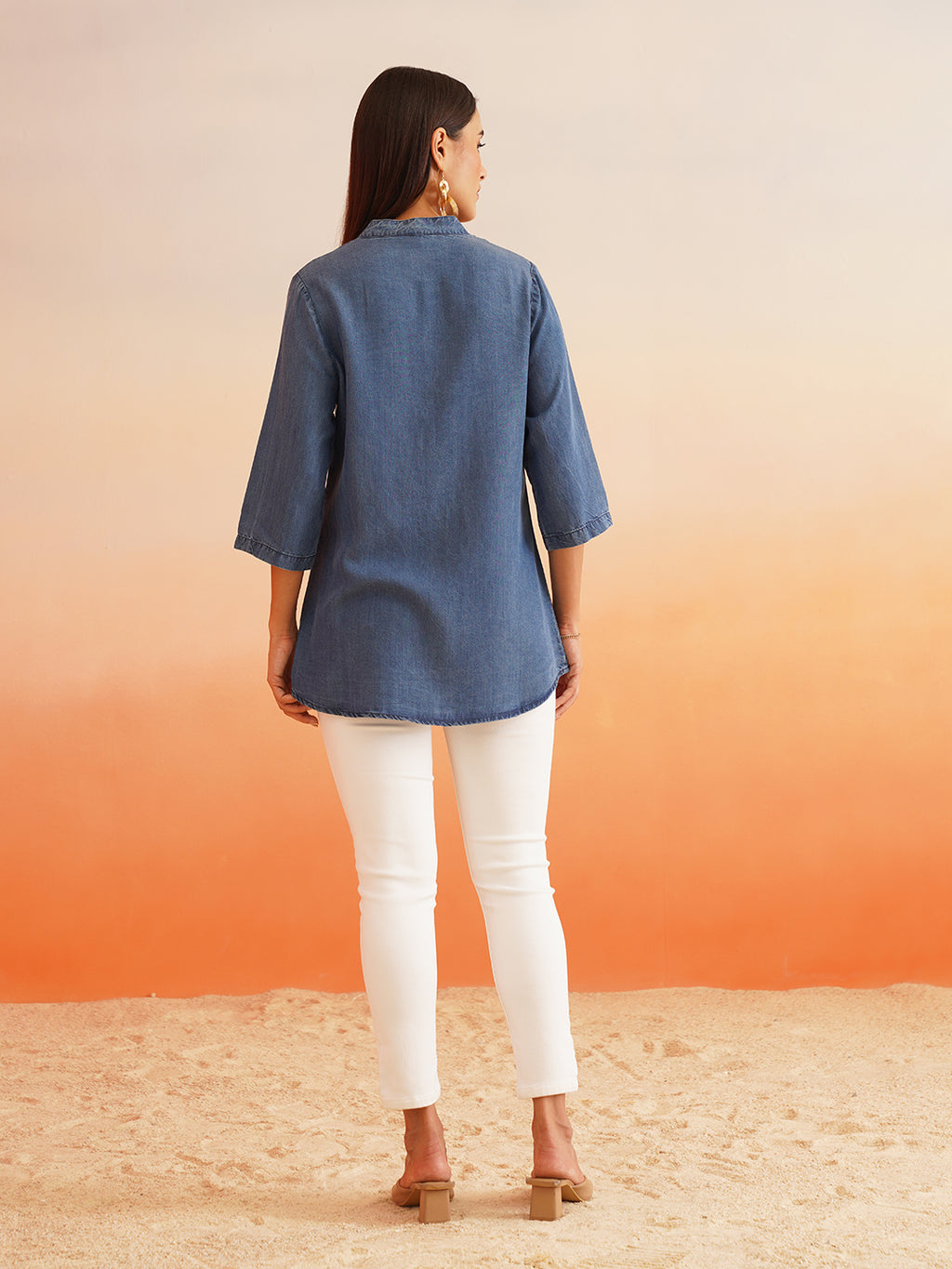 Beatnik Mandarian Collar Denim Tunic Top Beatnik