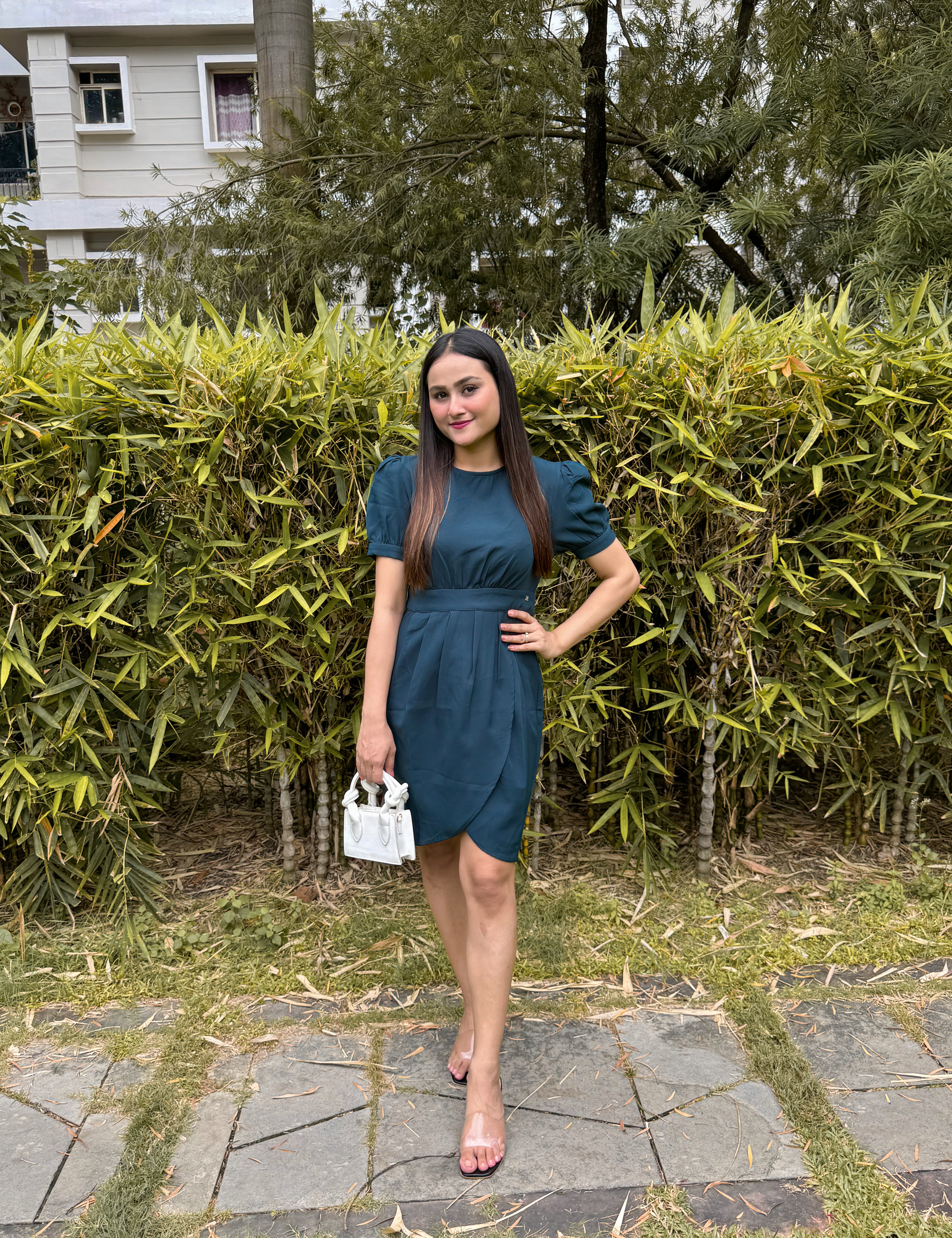 Beatnik Fitted Solid Half Sleeve Teal Blue Women Dress Beatnik India