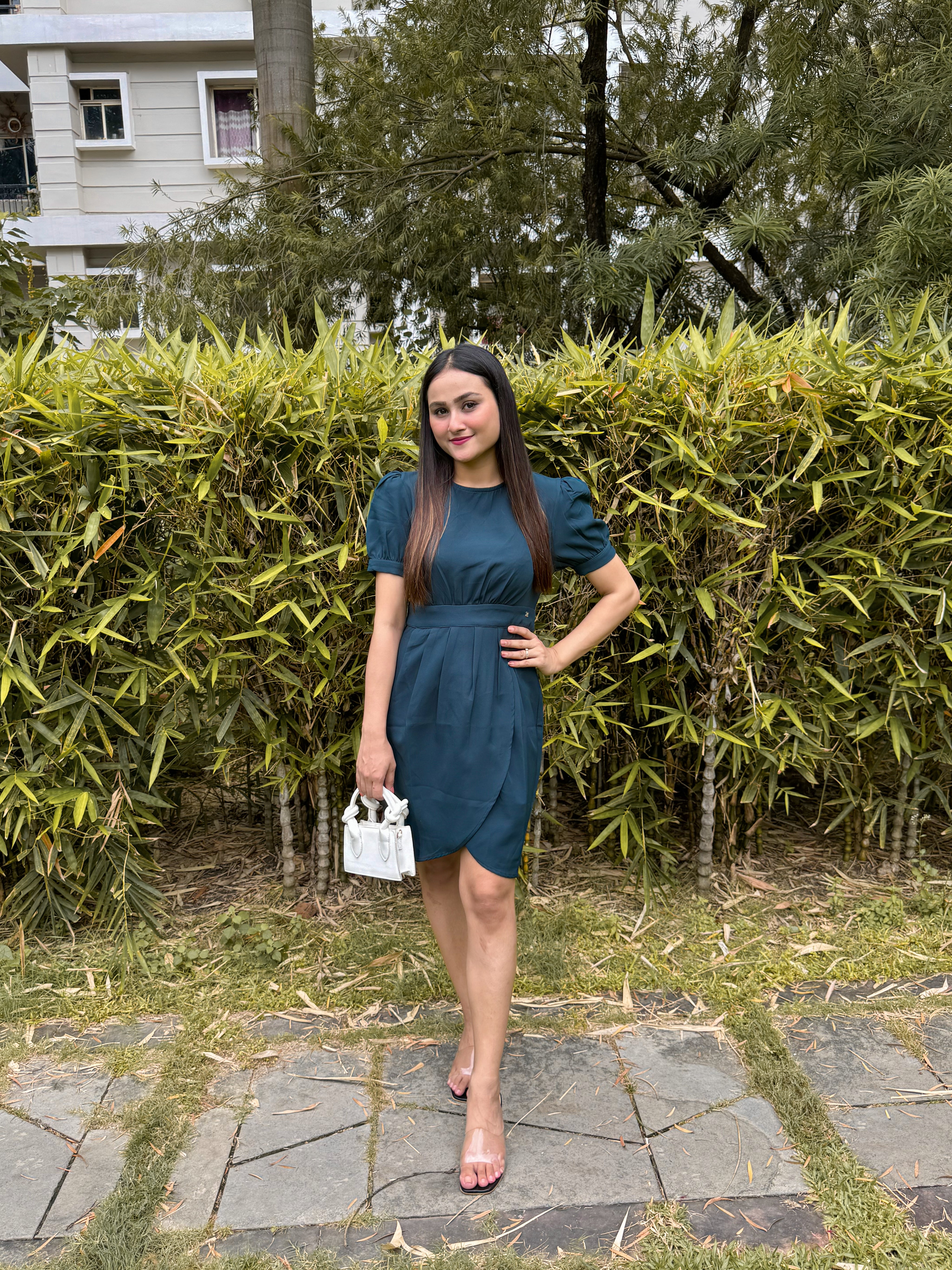 Beatnik Fitted Solid Half Sleeve Teal Blue Women Dress Beatnik India