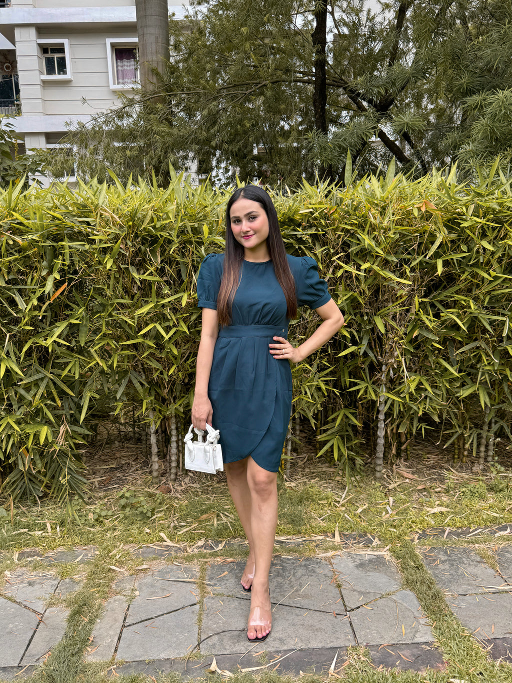 Beatnik Fitted Solid Half Sleeve Teal Blue Women Dress Beatnik India