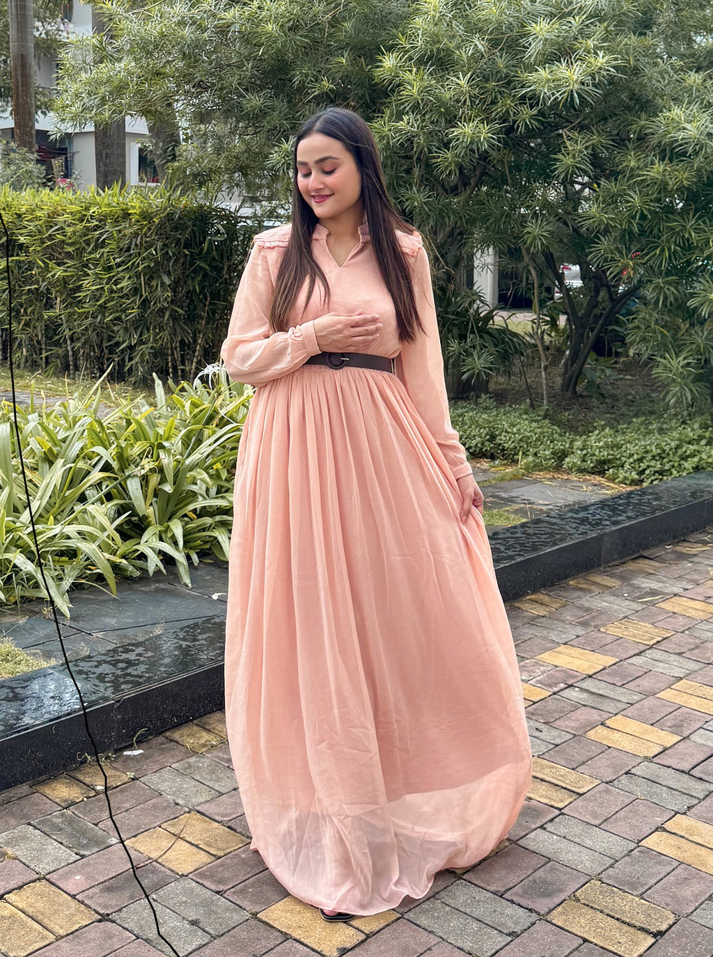 Frill Detail with Belt Peasant Maxi Dress Beatnik India