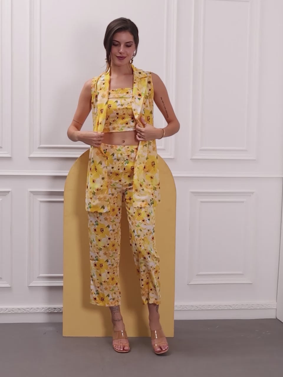 Georgette Yellow Printed Three Piece Coord Set