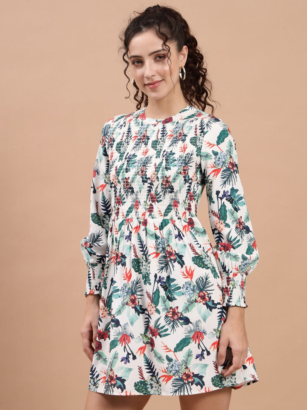 Smocking Sleeves and Neck Midi Floral A-Line Dress