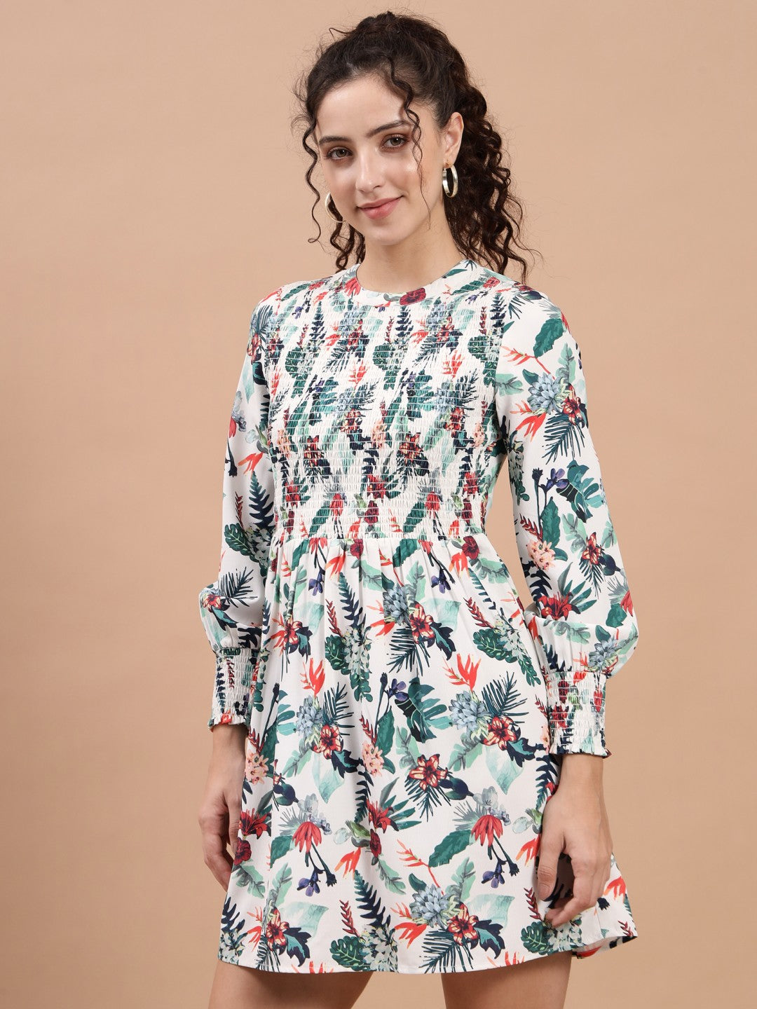 Smocking Sleeves and Neck Midi Floral A-Line Dress