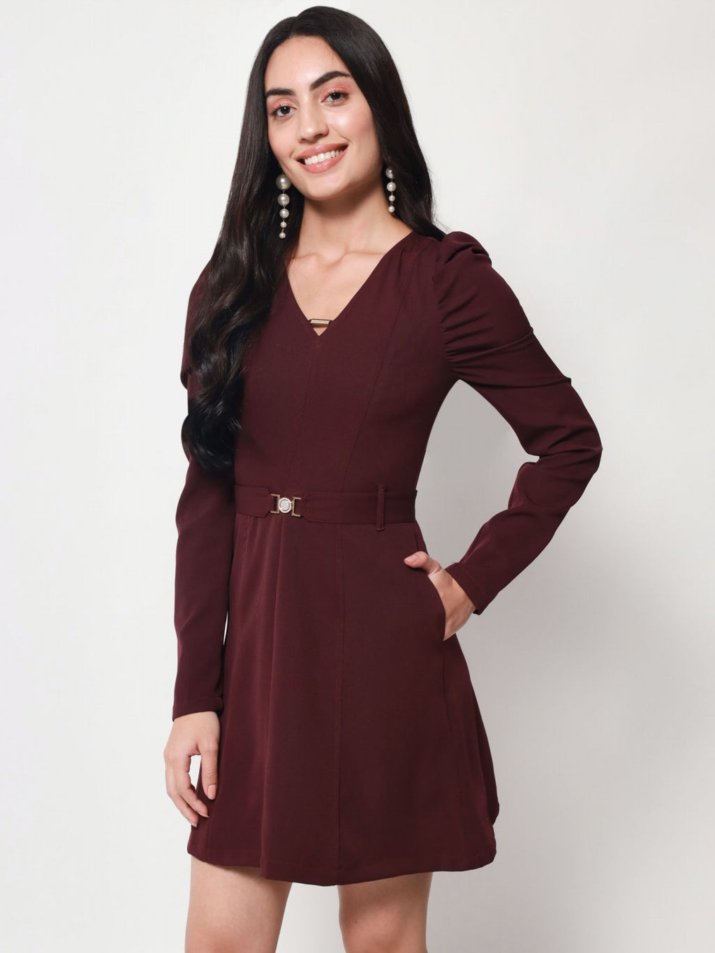 Women's A-Line Mini Maroon Dress with Puff Sleeves and Stylish Buckle Belt