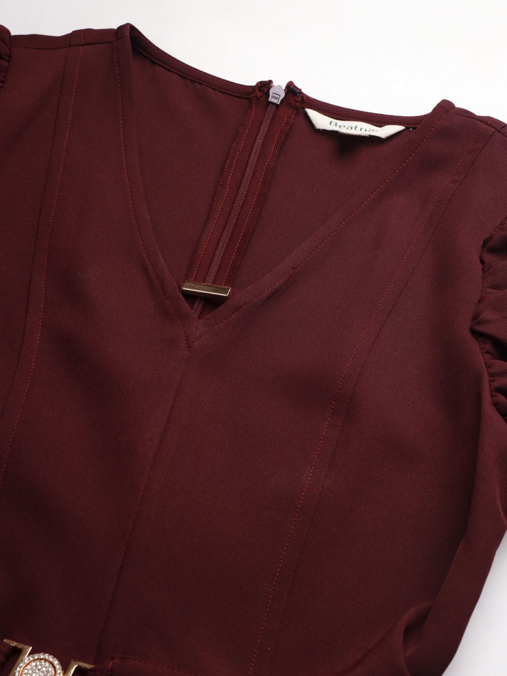 Women's A-Line Mini Maroon Dress with Puff Sleeves and Stylish Buckle Belt