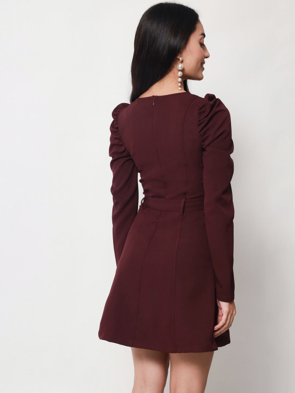 Women's A-Line Mini Maroon Dress with Puff Sleeves and Stylish Buckle Belt