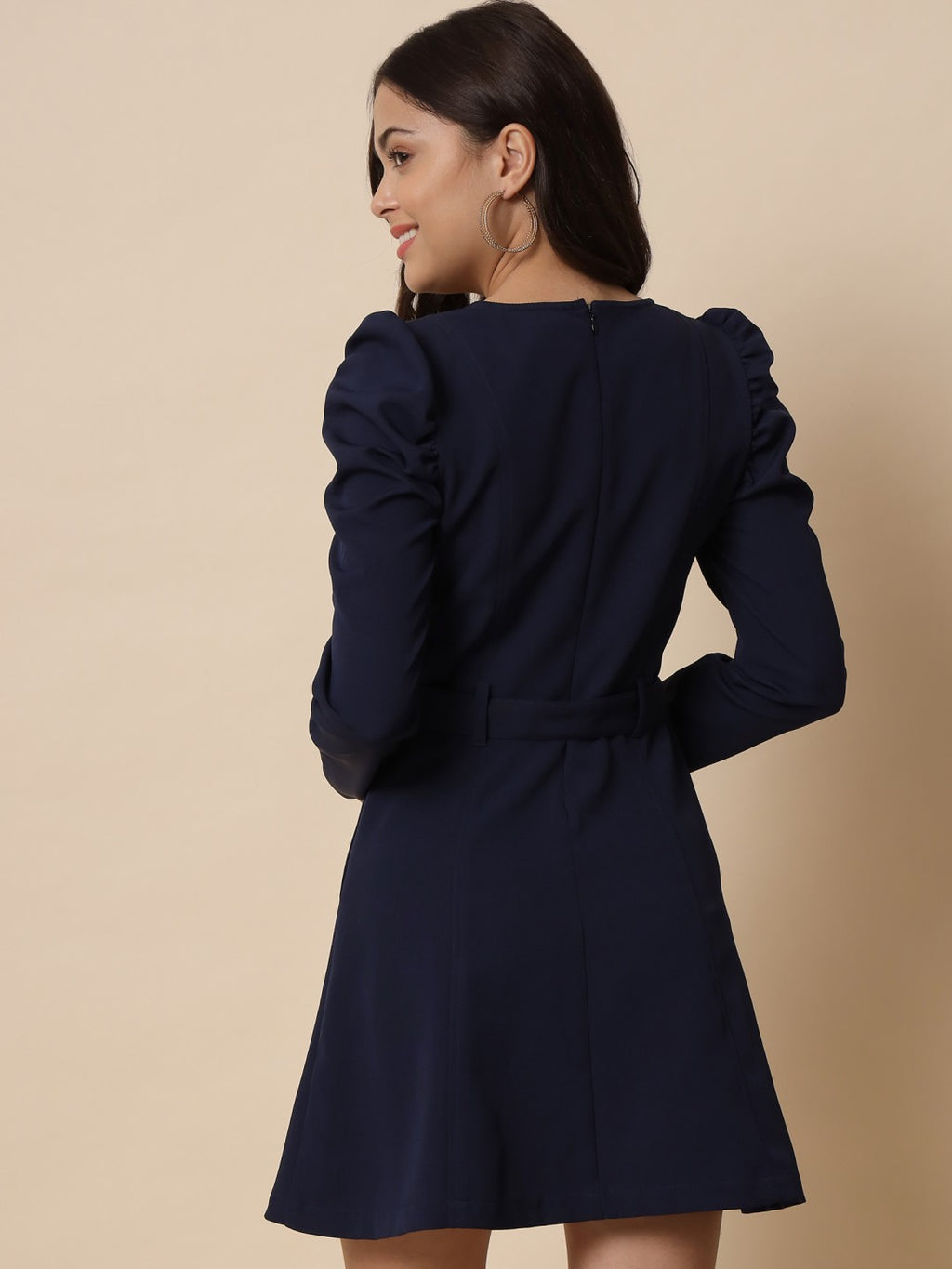 Women's A-Line Mini Midnight Blue Dress with Puff Sleeves and Stylish Buckle Belt