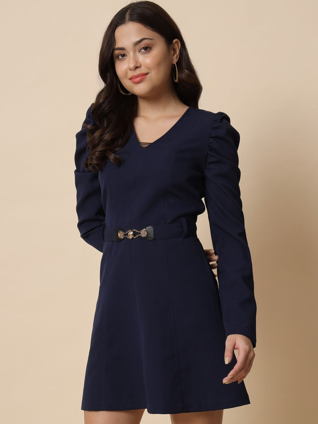 Women's A-Line Mini Midnight Blue Dress with Puff Sleeves and Stylish Buckle Belt