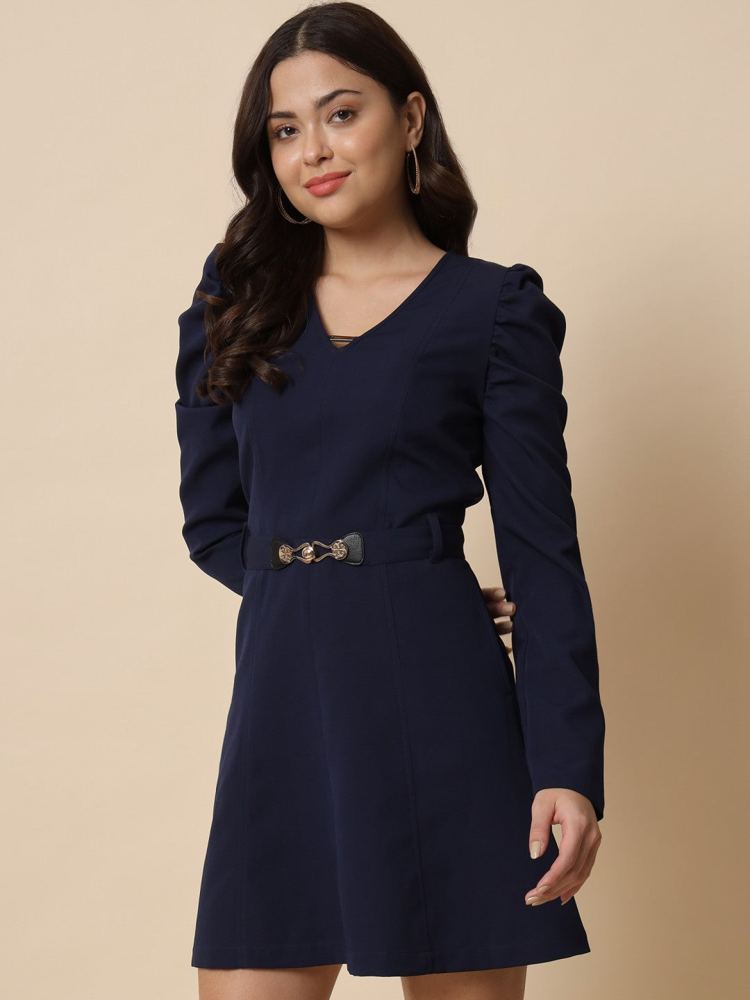 Women's A-Line Mini Midnight Blue Dress with Puff Sleeves and Stylish Buckle Belt