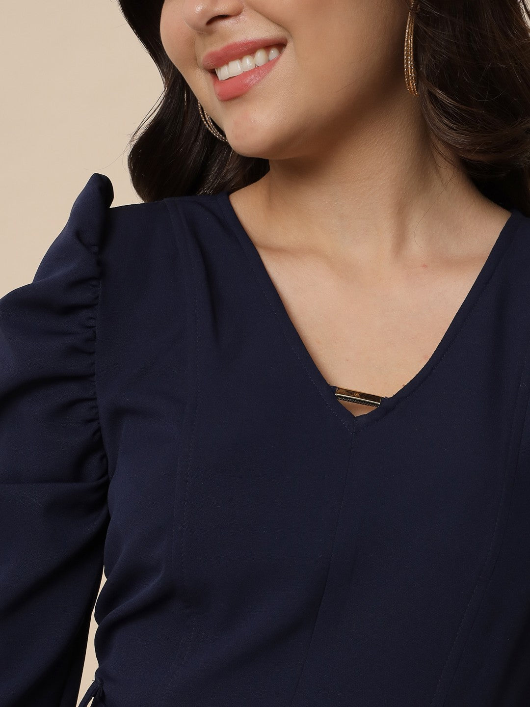 Women's A-Line Mini Midnight Blue Dress with Puff Sleeves and Stylish Buckle Belt