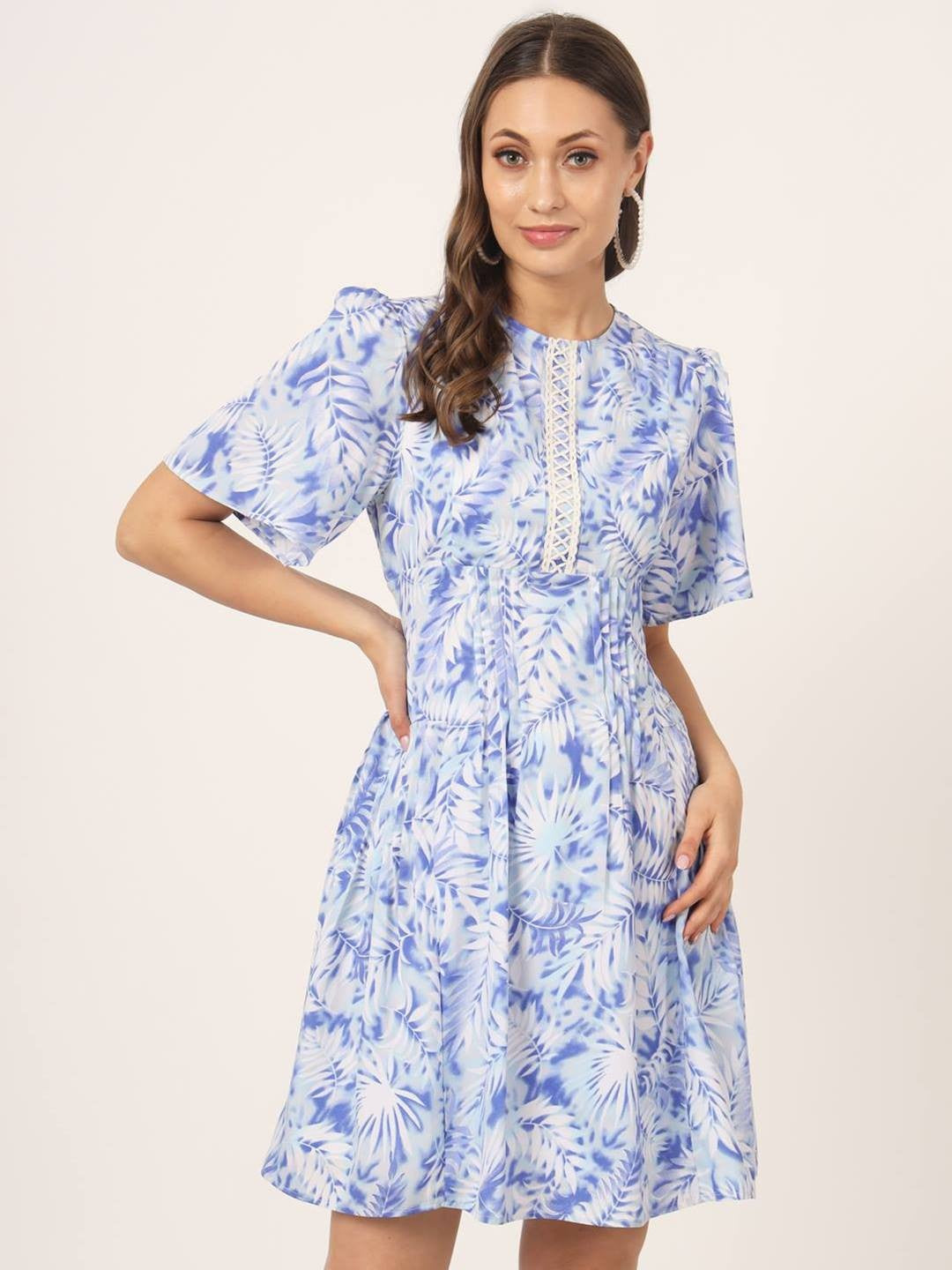 Beatnik Polyester Fitted Printed Haff Sleeve Light Blue Women Dresses
