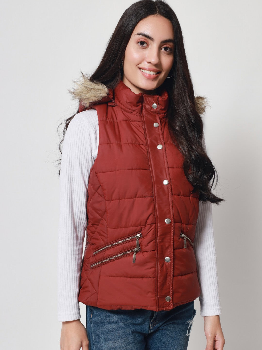 Beatnik Casual Wear Hooded Sleeveless Quilted Maroon Jacket