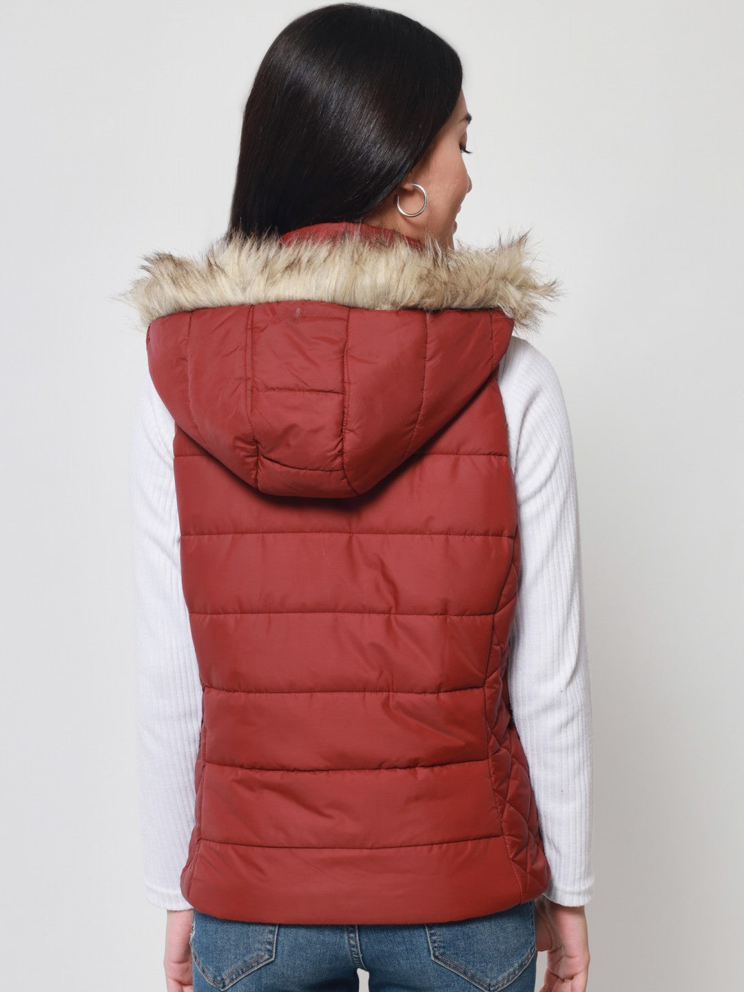Beatnik Casual Wear Hooded Sleeveless Quilted Maroon Jacket