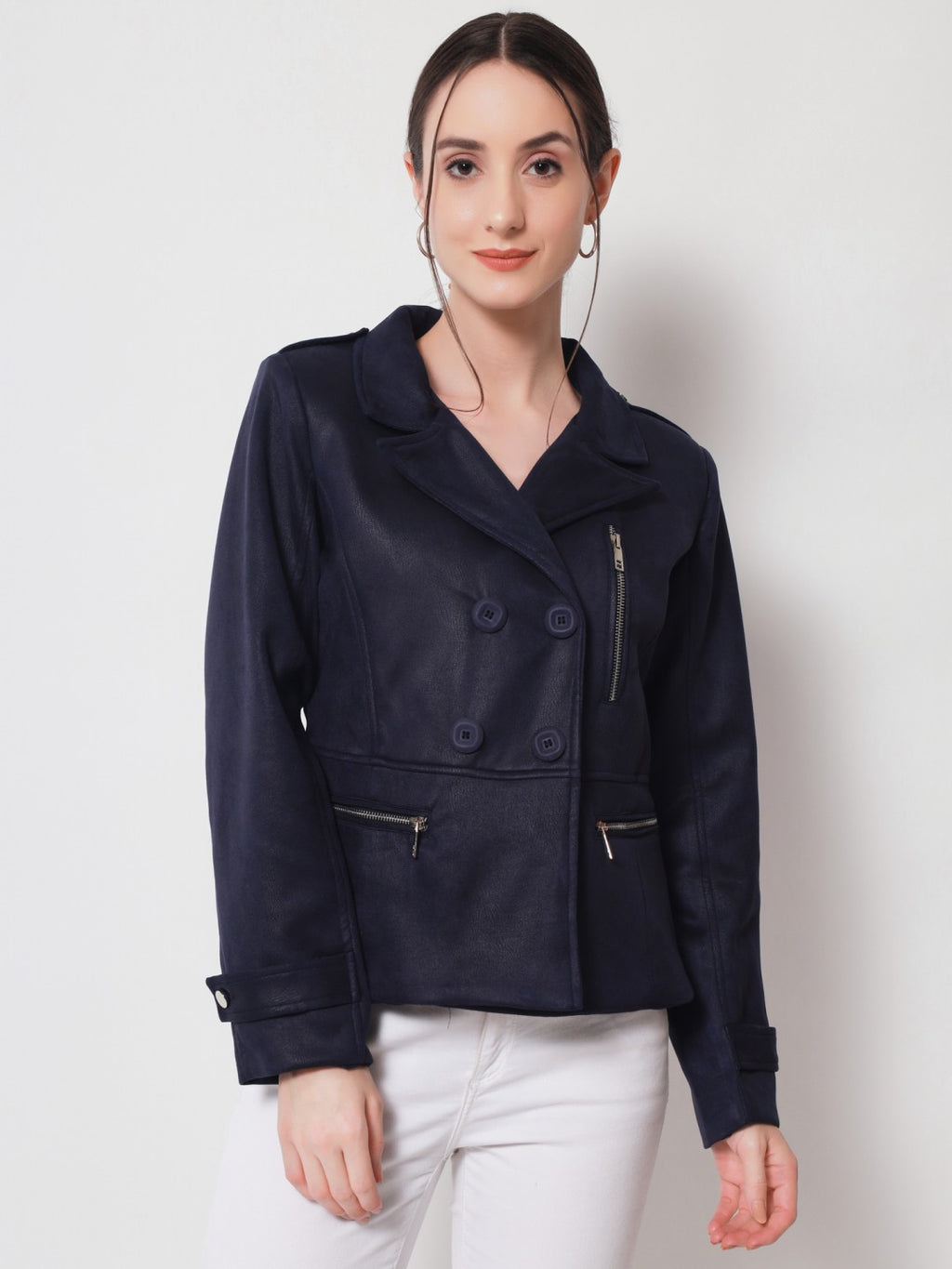 Beatnik Casual Wear Stand Collar Full Sleeve Valvet Front Open Blue Jacket