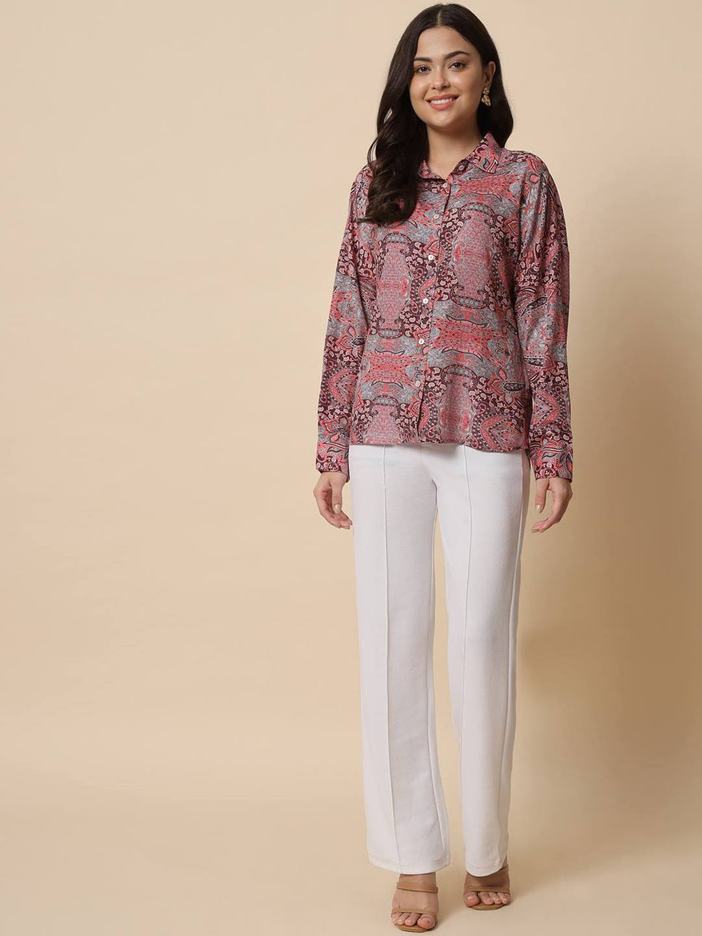 Beatnik Regular Printed Full Sleeve Brown Women Shirt