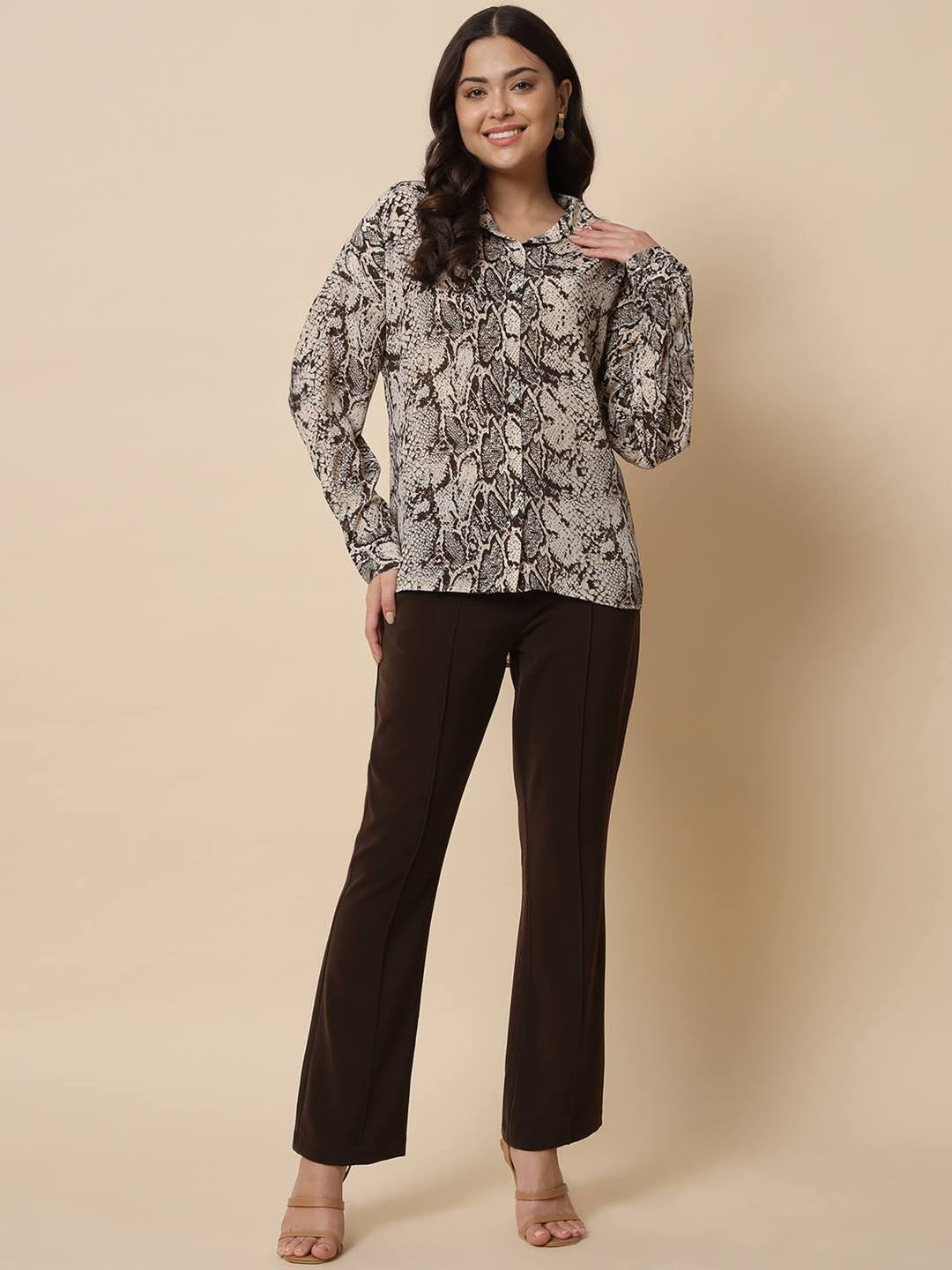 Beatnik Snake Printed Brown Women Shirt