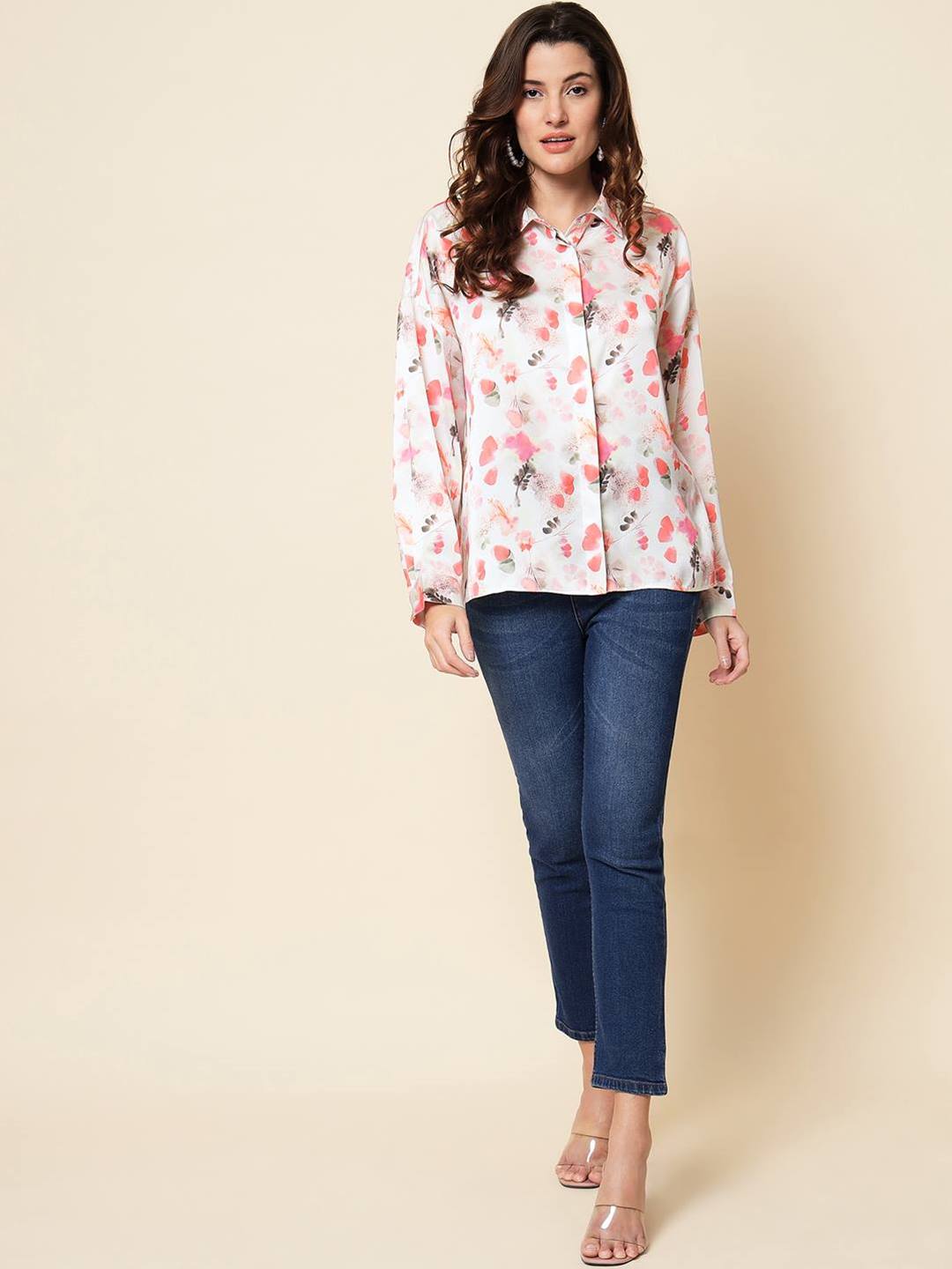 Beatnik Satin Regular Printed 3/4Th Sleeve Coral Women Shirt