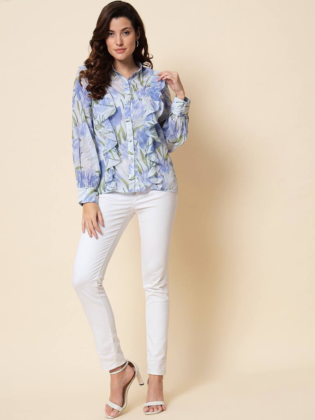 Beatnik Satin Regular Printed Full Sleeve Light Blue Women Shirt