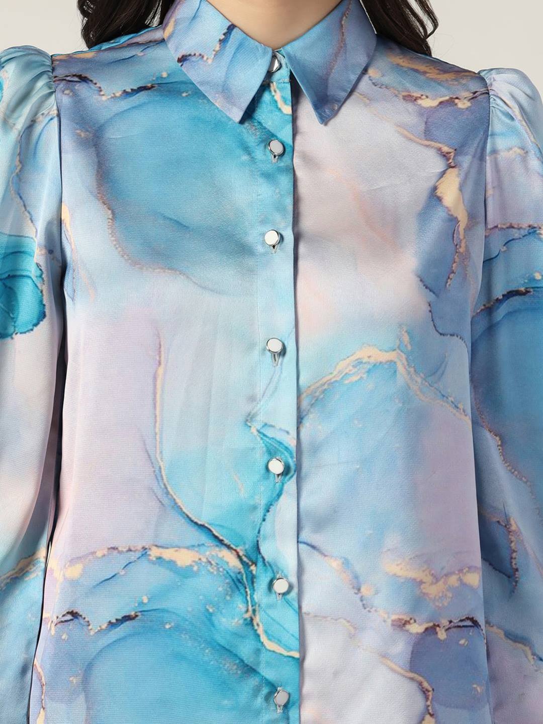 Beatnik Satin Band Collar Sky Blue Womens Shirt