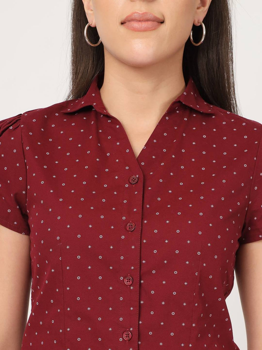 Beatnik Poplin Fitted Printed Full Sleeve Maroon Women Shirt