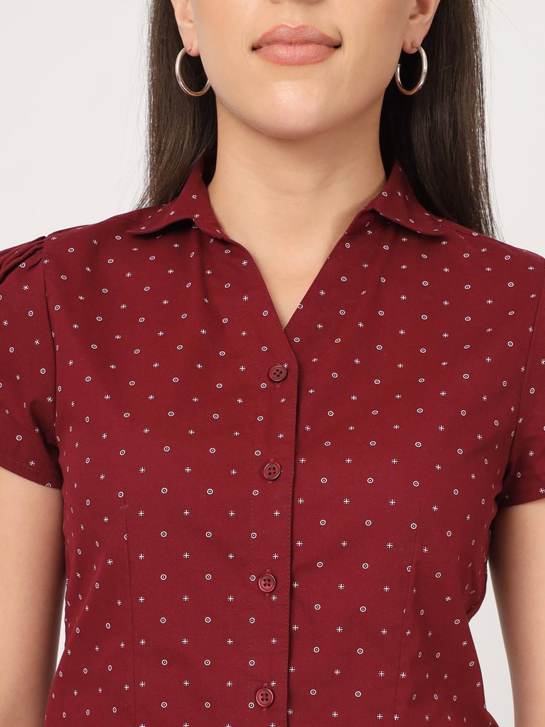 Beatnik Poplin Fitted Printed Full Sleeve Maroon Women Shirt