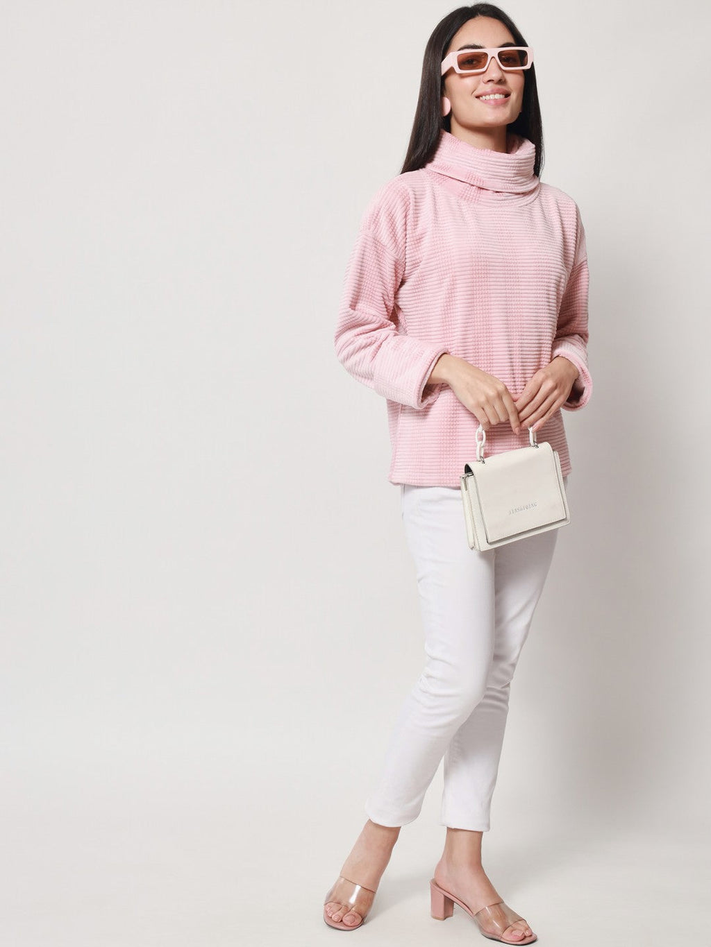 Beatnik Casual Wear High Neck Full Sleeve Cuffed Sleeves Peach Puff Sweatshirts