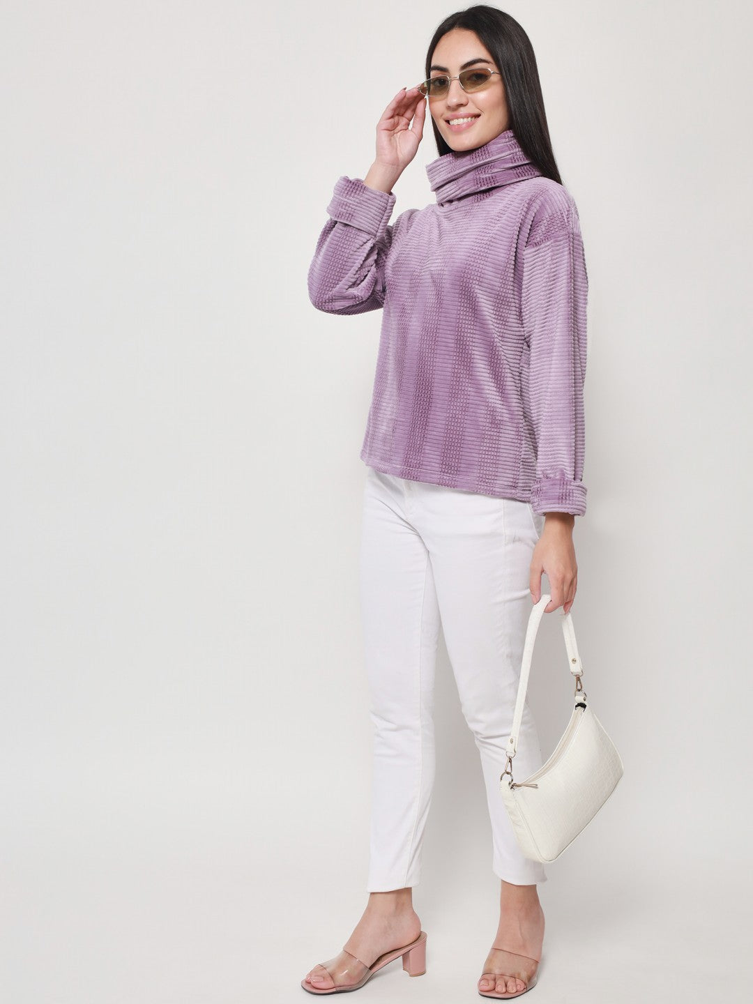 Beatnik Casual Wear High Neck Full Sleeve Cuffed Sleeves Purple Sweatshirts