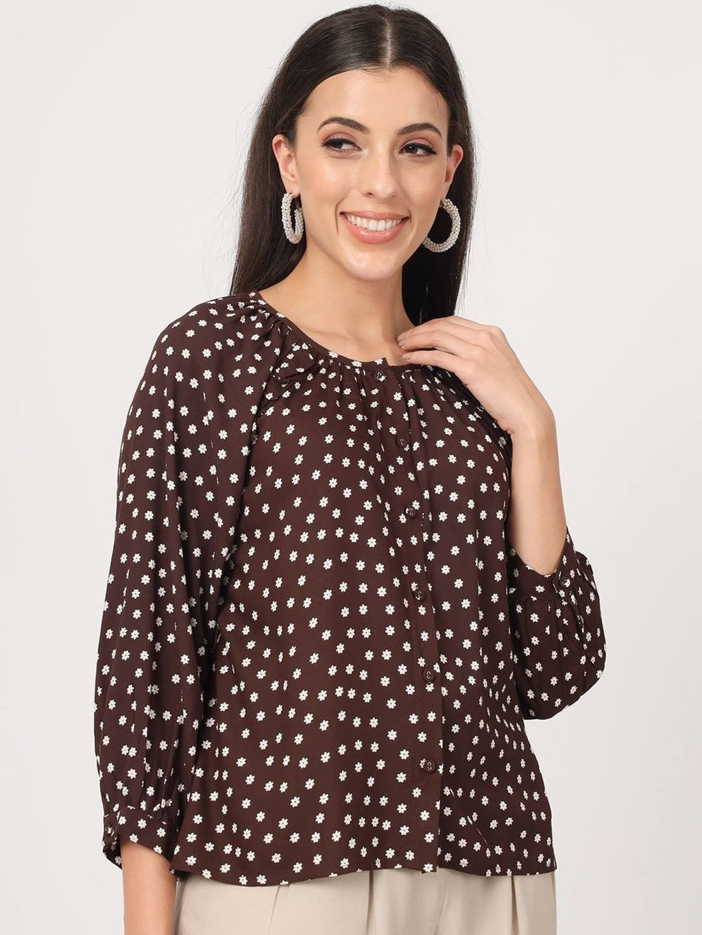 Beatnik Rayon Floral Printed Womens Saddle Brown Top